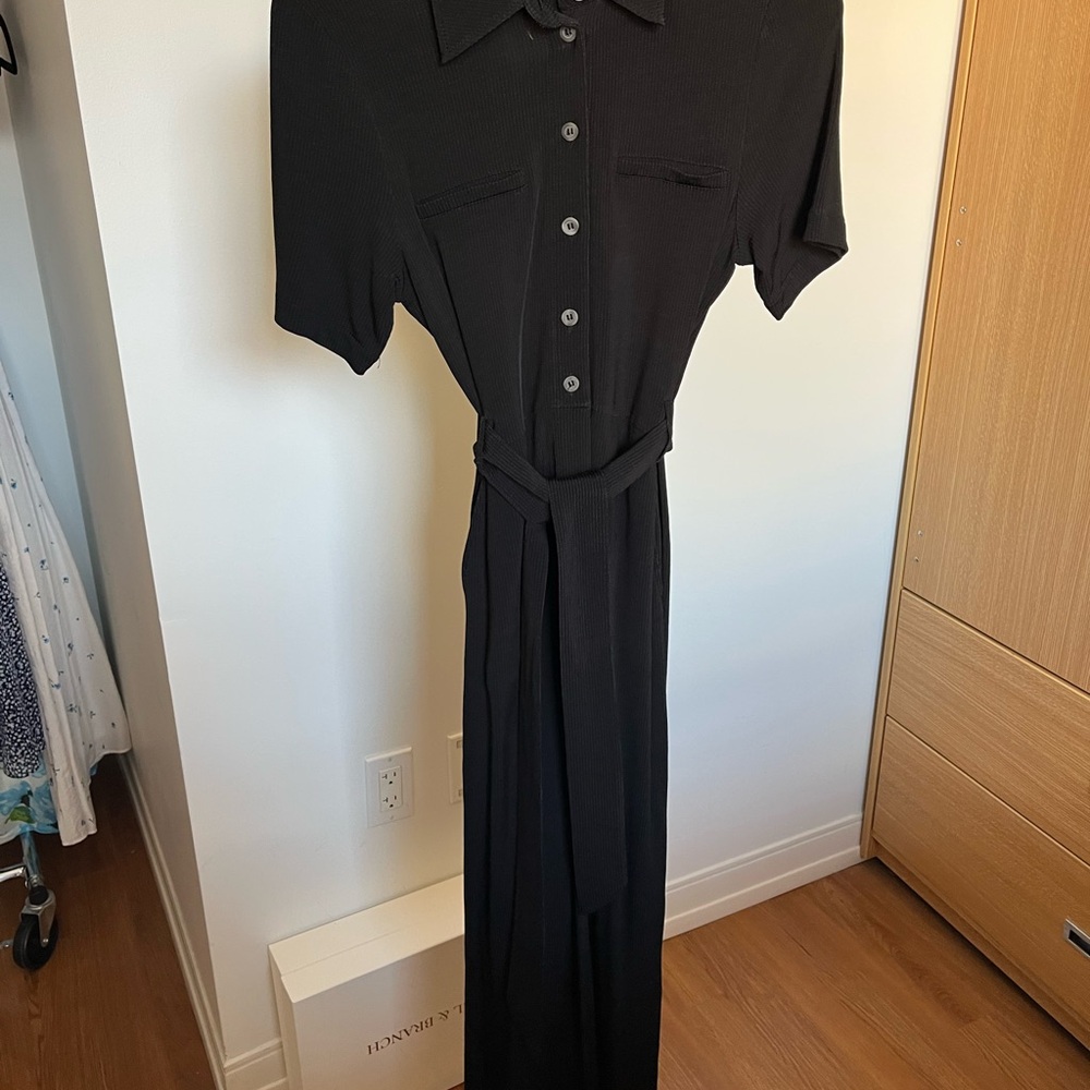 Black Short-Sleeve Button Front Jumpsuit with Tie Waist